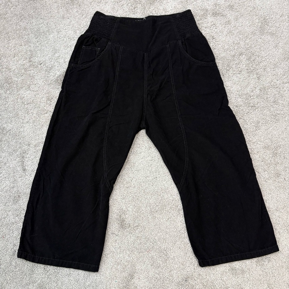 Free People Black Cropped Wide-Leg Smocked Waist Pants - Picture 3 of 13